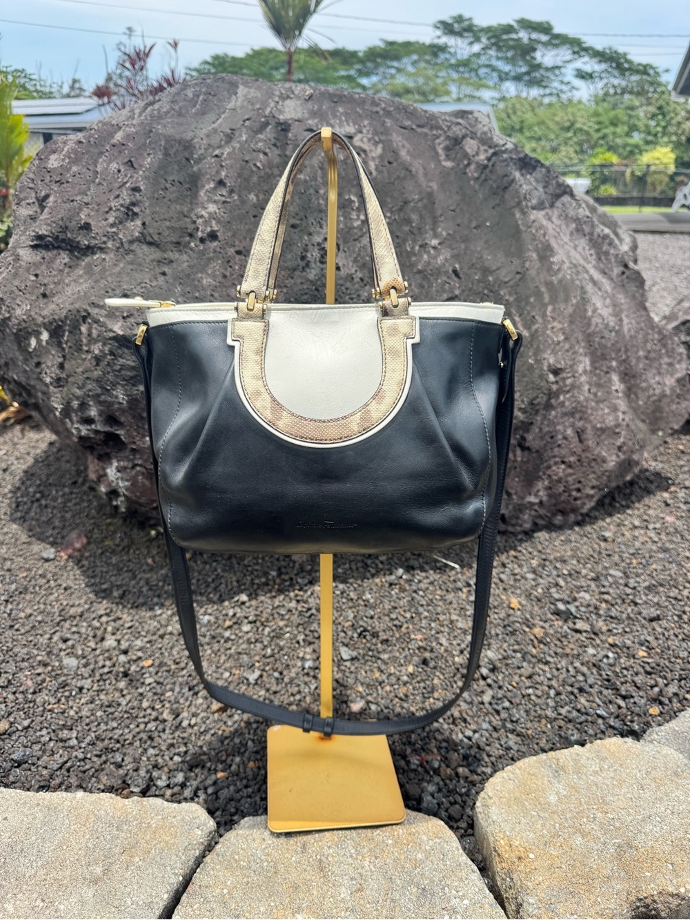 Salvatore Ferragamo Black & Cream Leather Tote Bag Snakeskin Trim Made In Italy